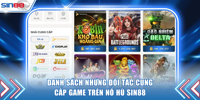 Danh sách những đối tác cung cấp game trên nổ hũ SIN88